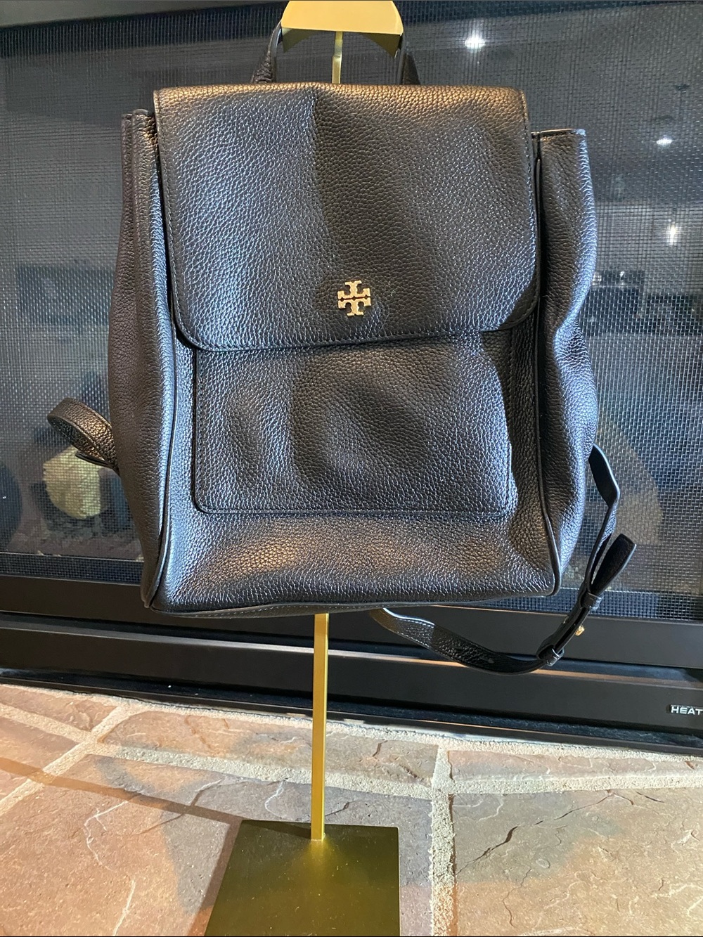 Tory Burch Black Pebbled Leather Flap Backpack with Gold Logo